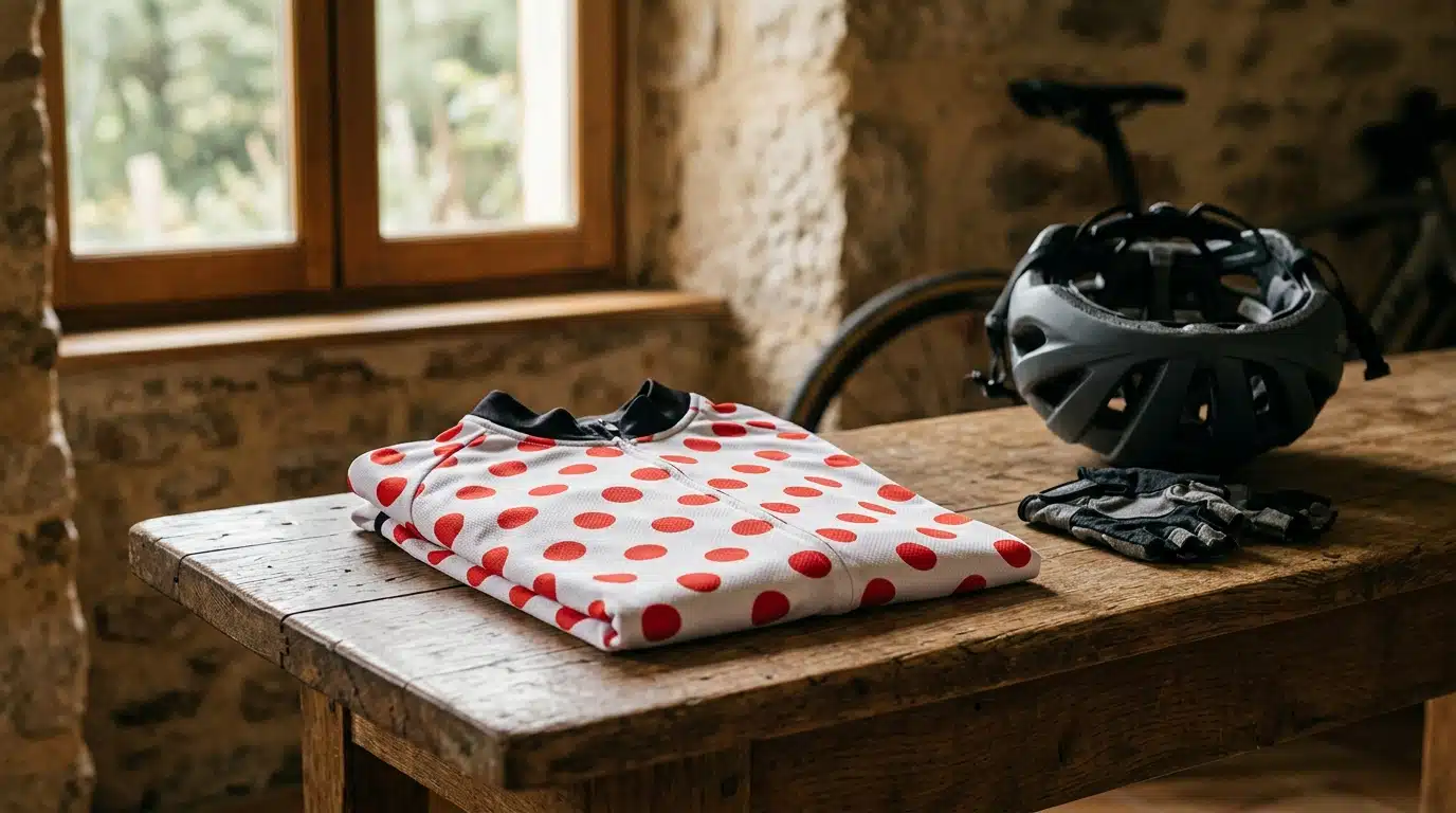 Maillot de grimpeur et casque de cyclisme posés