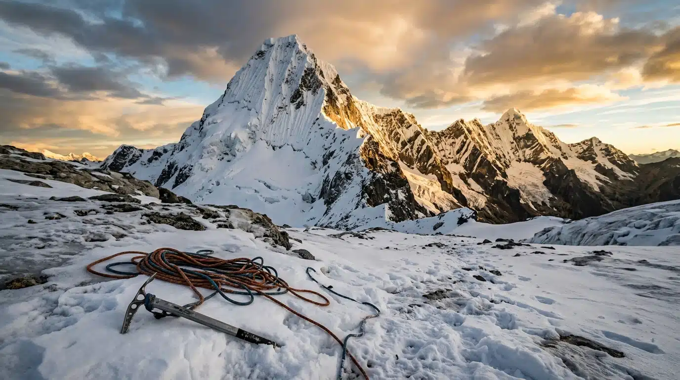 Sommet enneigé des Andes péruviennes sous lumière dorée