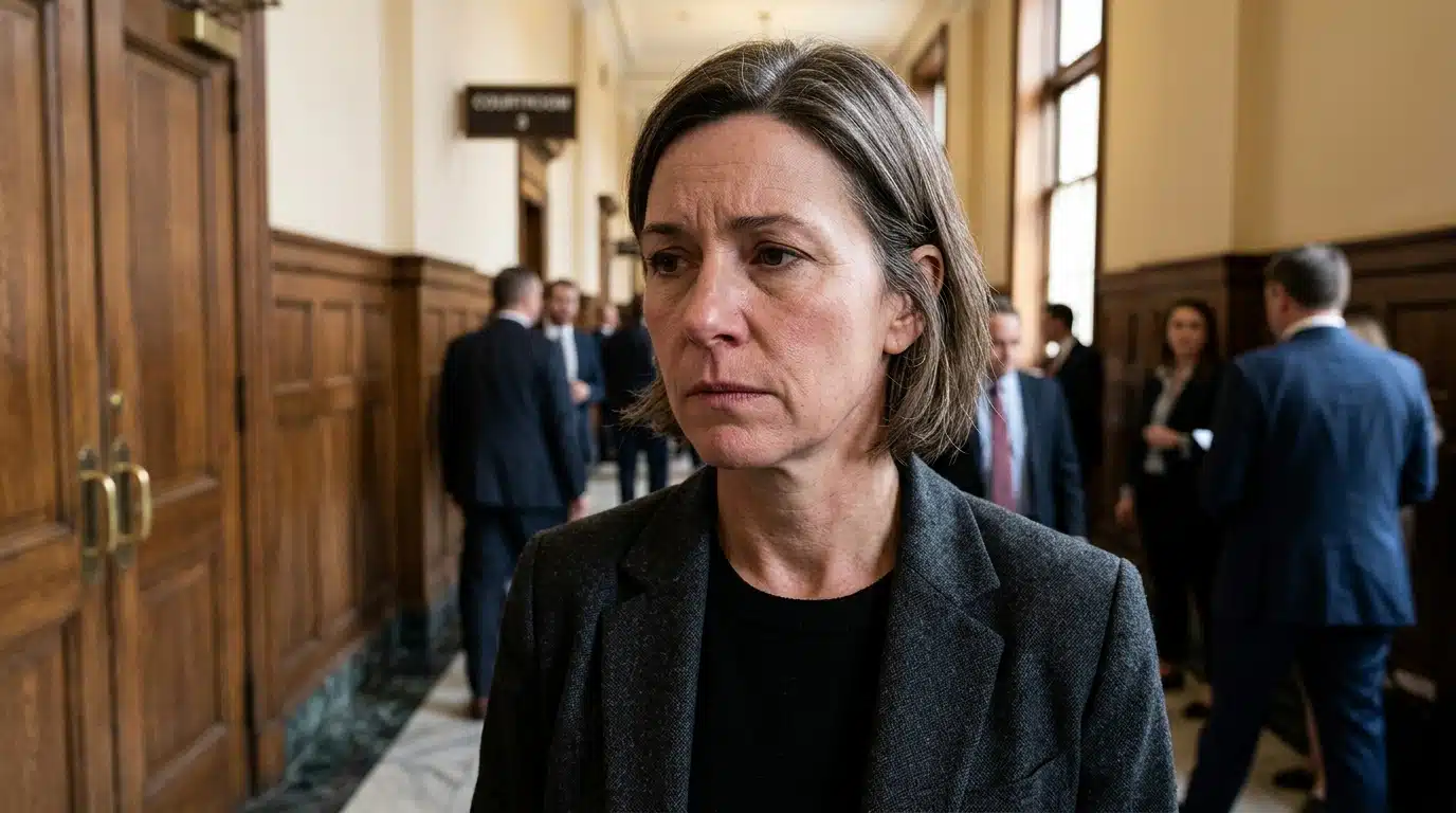 Femme anonyme tendue dans un couloir de tribunal