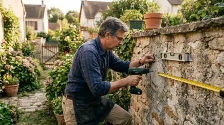 Homme perçant un mur mitoyen dans un jardin