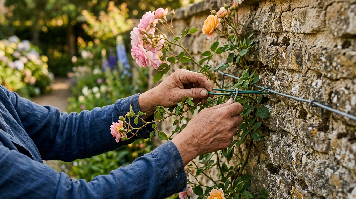 Fixation d'un rosier grimpant sur mur mitoyen