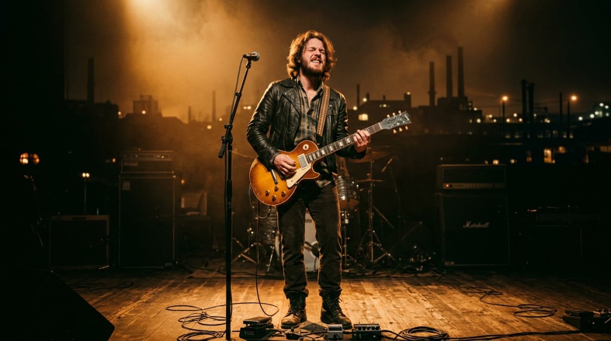 Musicien de rock sur scène dans une lumière dorée