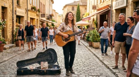Musicien joue de la guitare dans une rue ensoleillée
