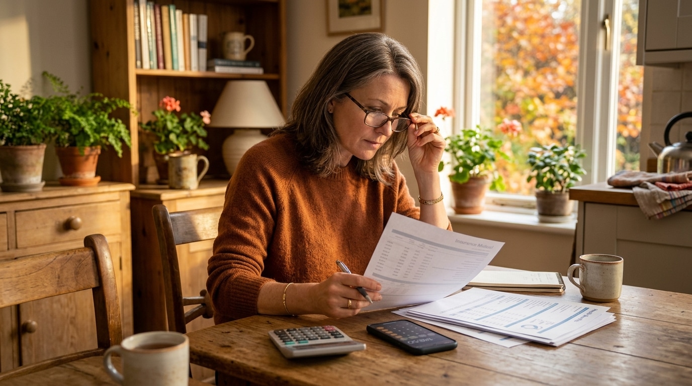 Femme compare ses devis de mutuelle santé à l'automne