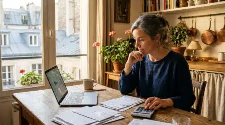 Femme vérifiant ses factures et contrats à la maison