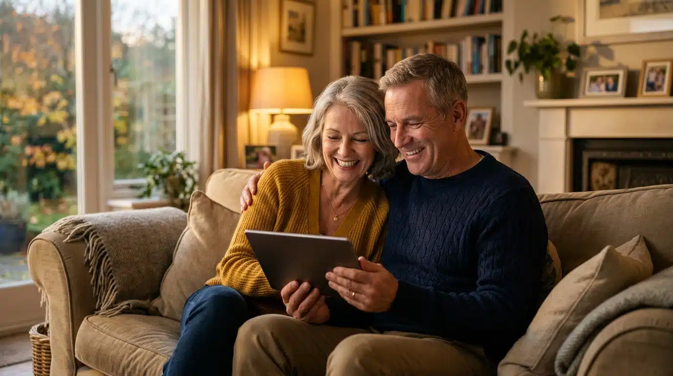 Couple souriant consultant un comparateur d'assurance