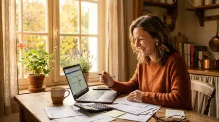 Femme comparant ses factures et contrats à la maison