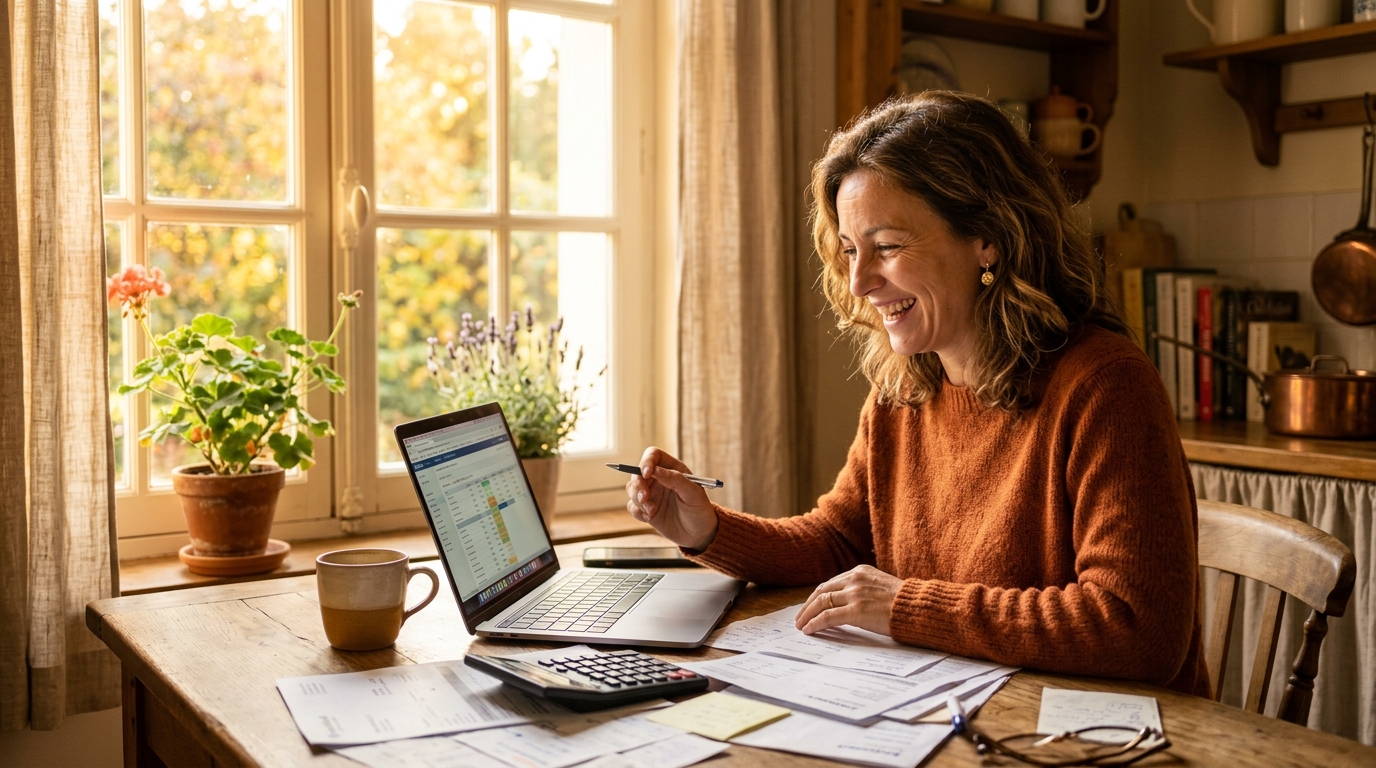 Femme comparant ses factures et contrats à la maison