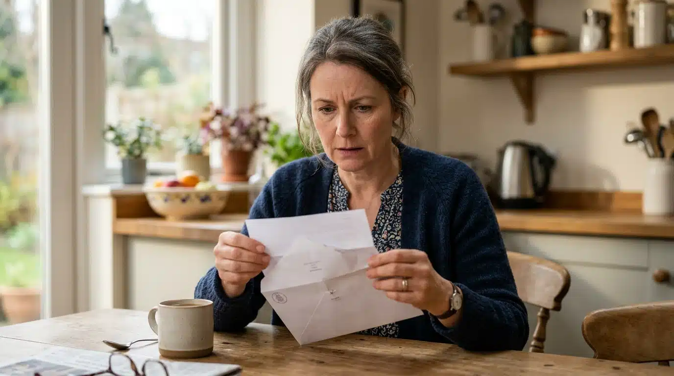 Femme ouvrant une lettre de mutuelle à sa table