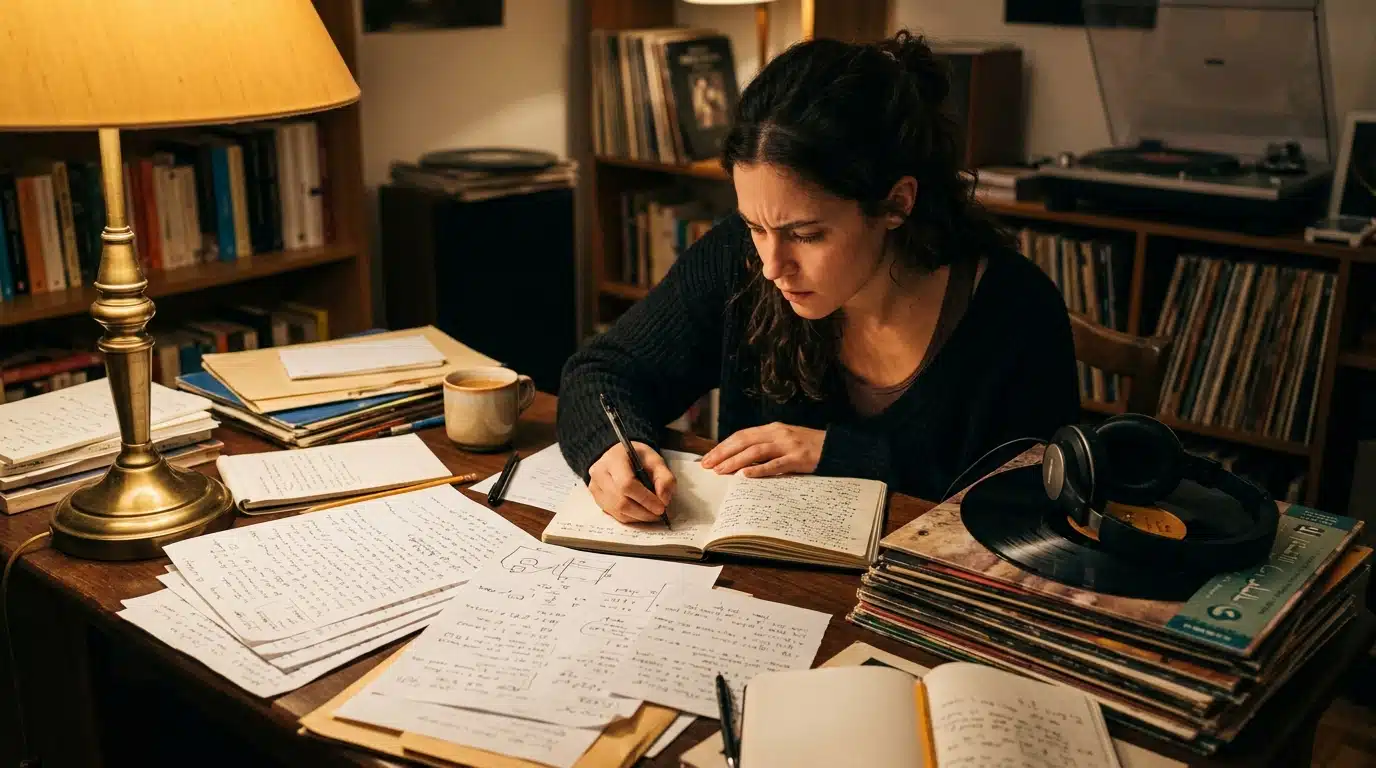 Femme perfectionniste entourée de notes manuscrites et vinyles