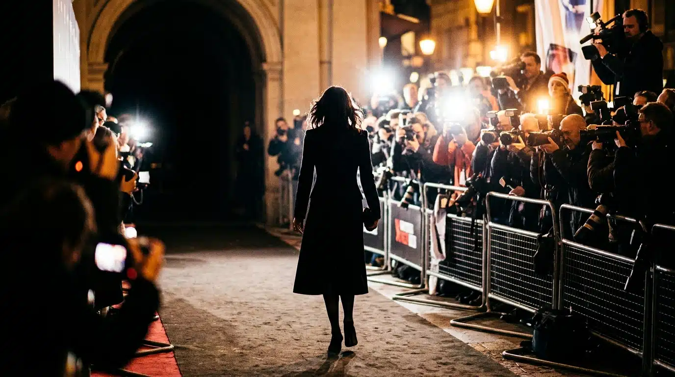 Silhouette s'éloignant des flashs de photographes dans la pénombre