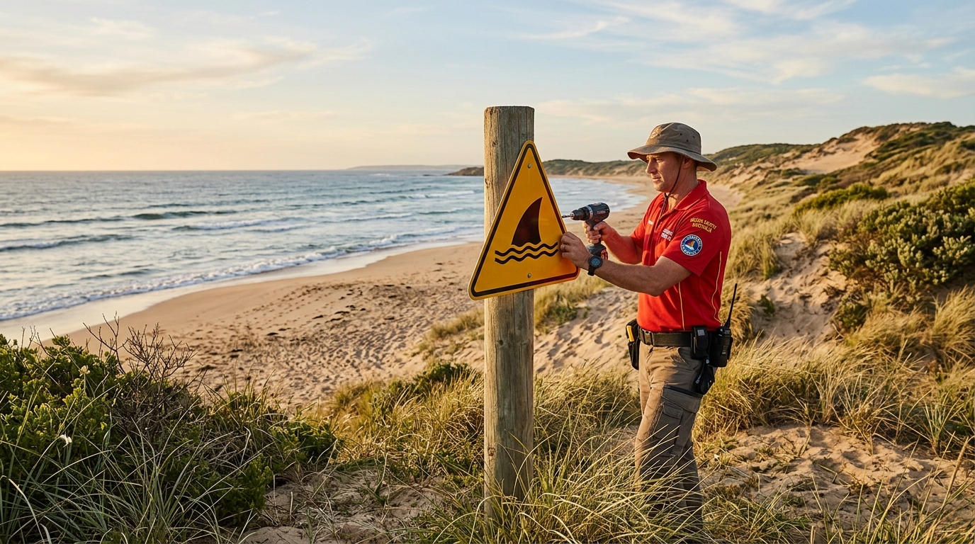 Installation d'un panneau d'alerte requin sur une plage
