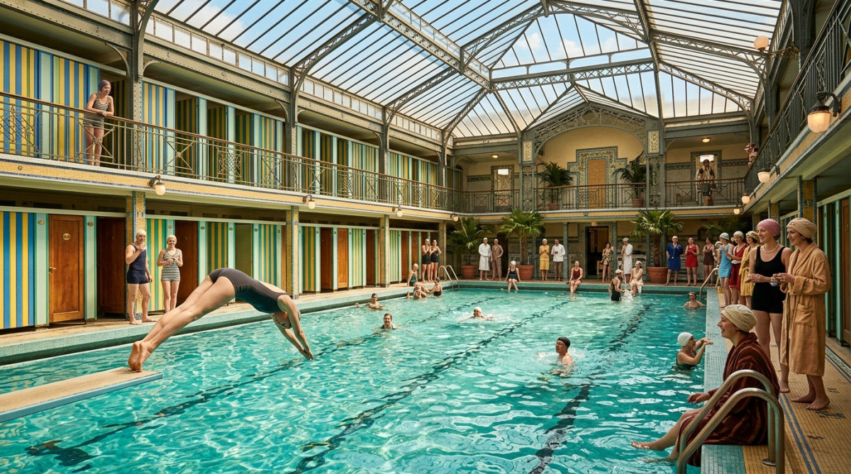 Nageurs plongent dans la piscine Molitor Art déco en 1929