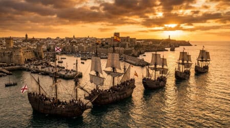 Navires de Magellan quittant le port en 1519