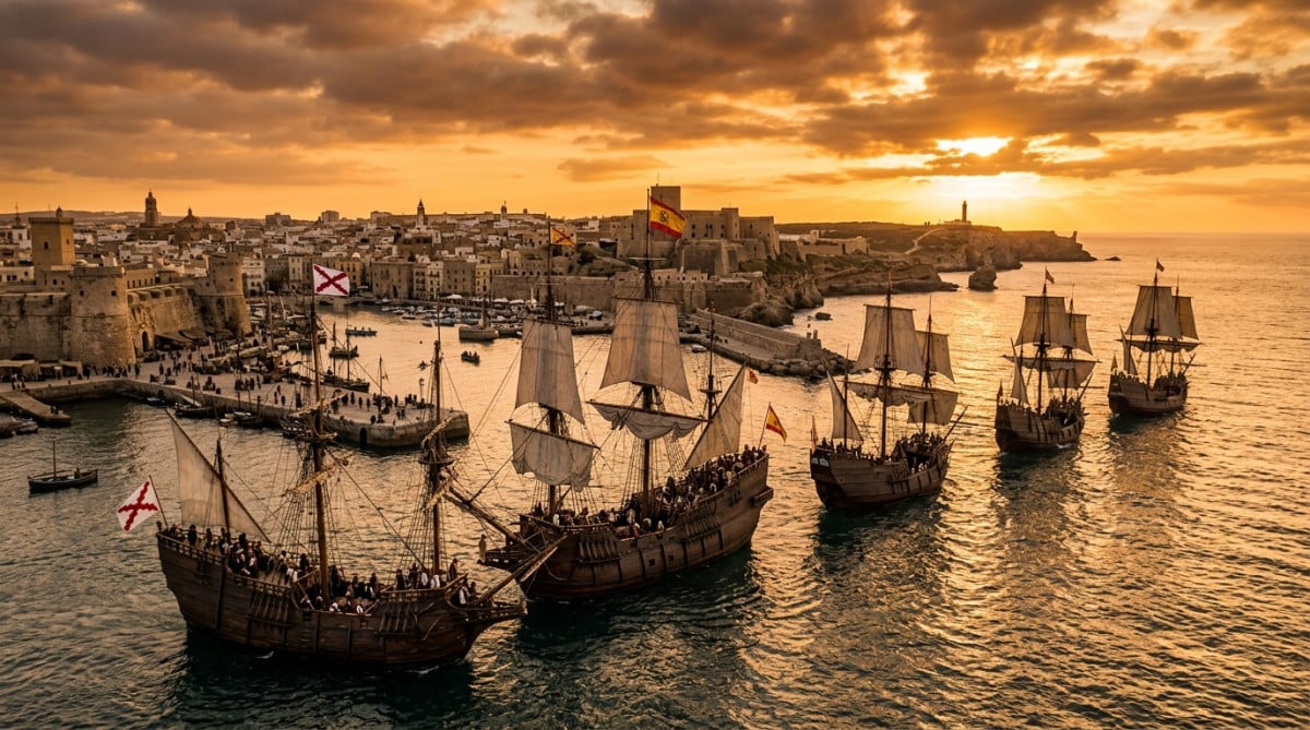 Navires de Magellan quittant le port en 1519
