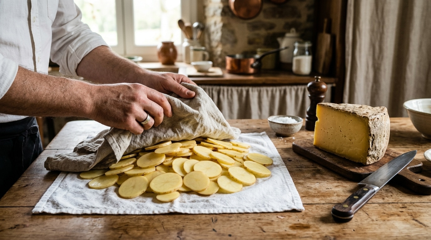 Rondelles de pommes de terre essuyées près d'un bloc de cantal