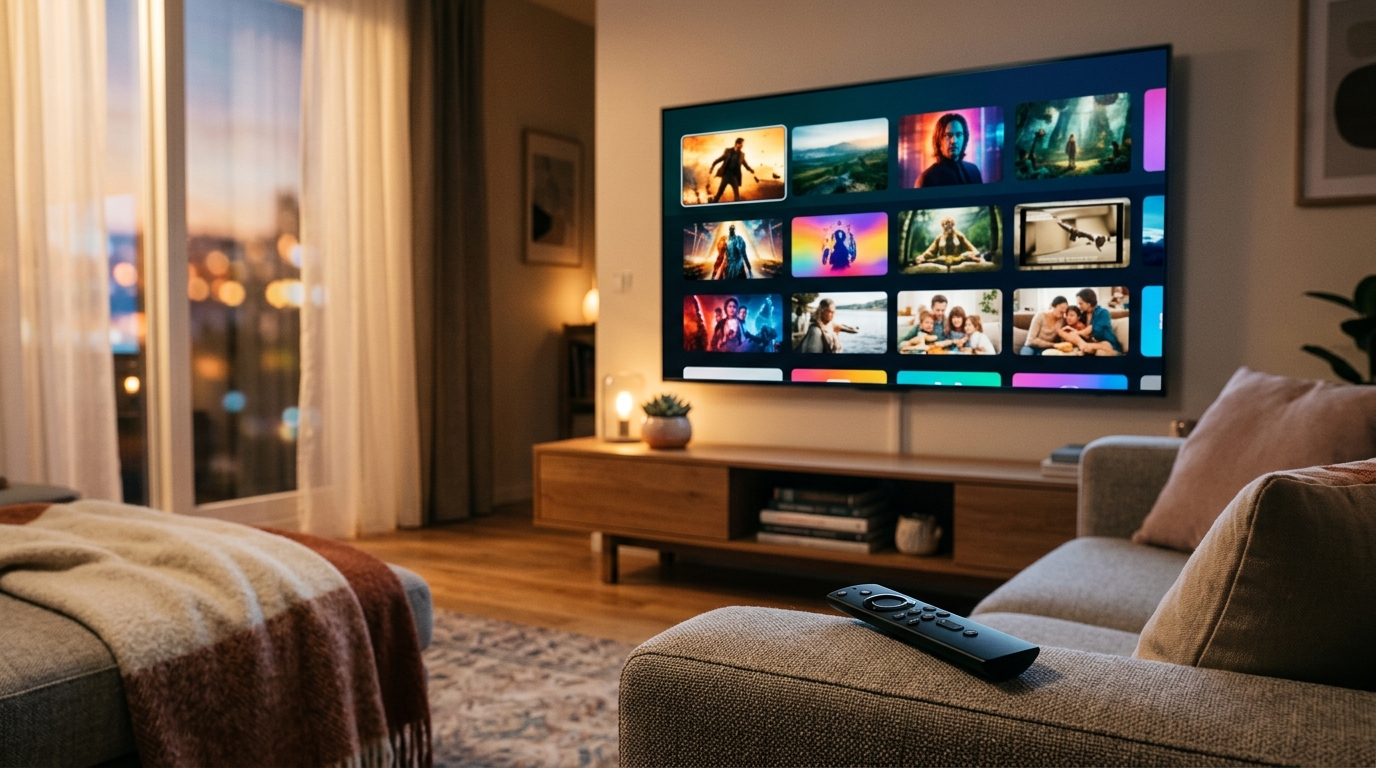 Télécran allumé dans un salon cosy le soir