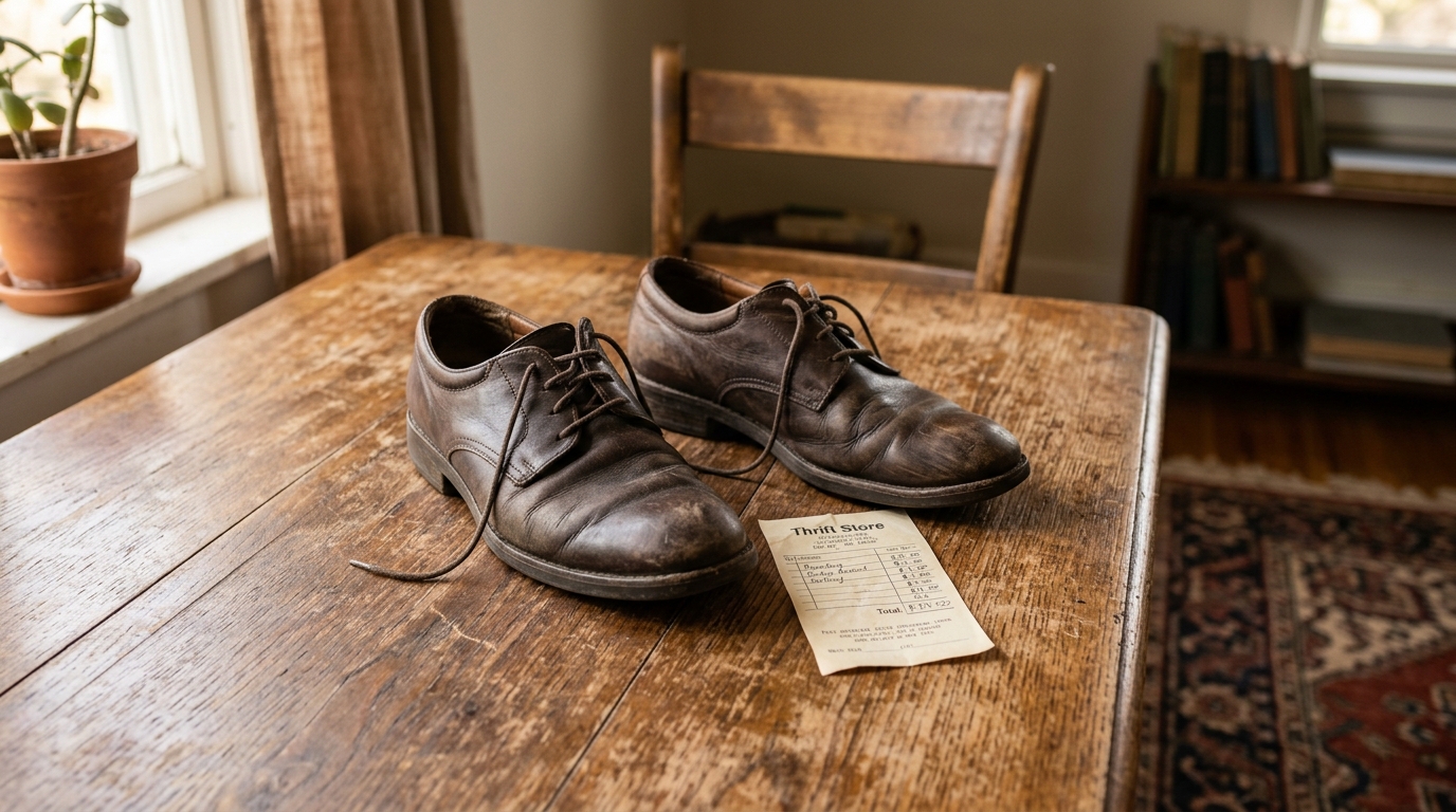 Chaussures modestes et ticket de caisse sur une table