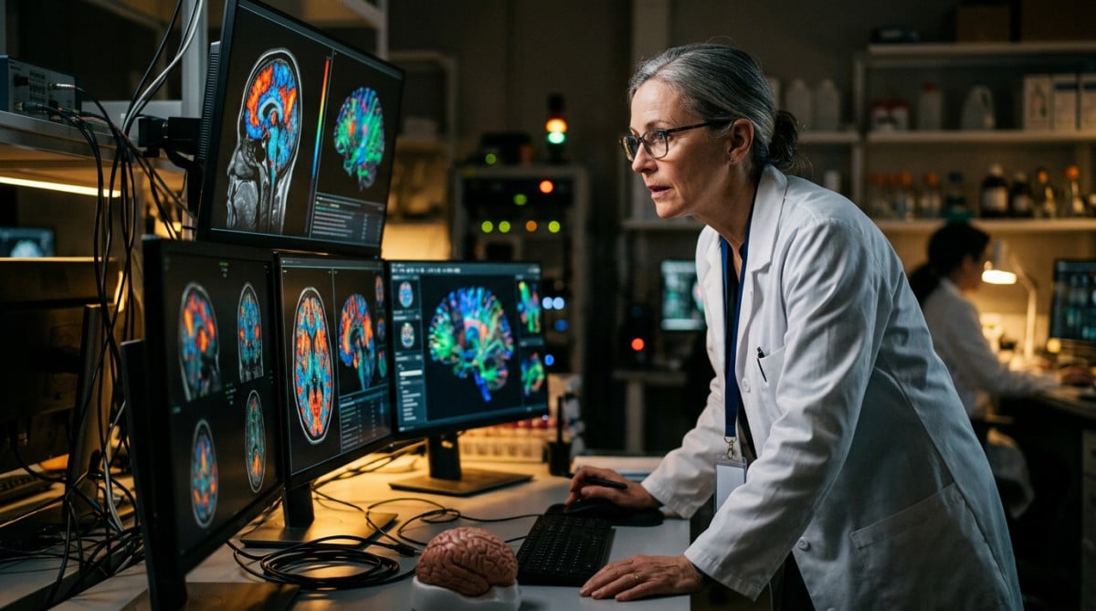 Neurologue observant des scanners cérébraux en couleur