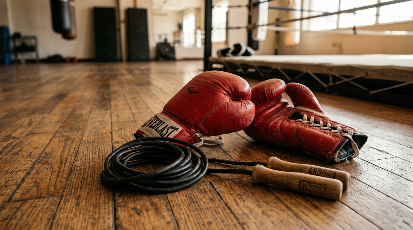Gants de boxe et corde à sauter sur parquet