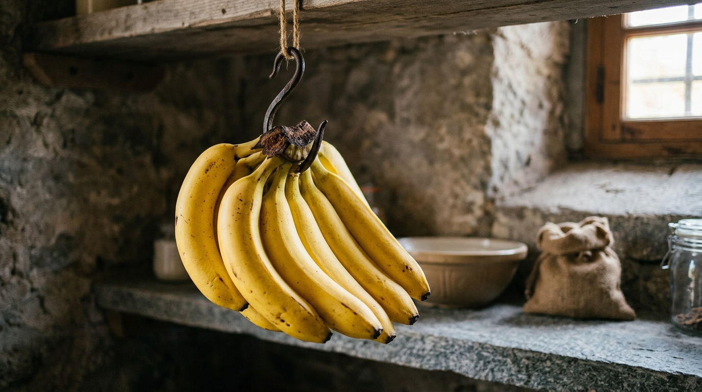 Régime de bananes suspendu dans un cellier sombre