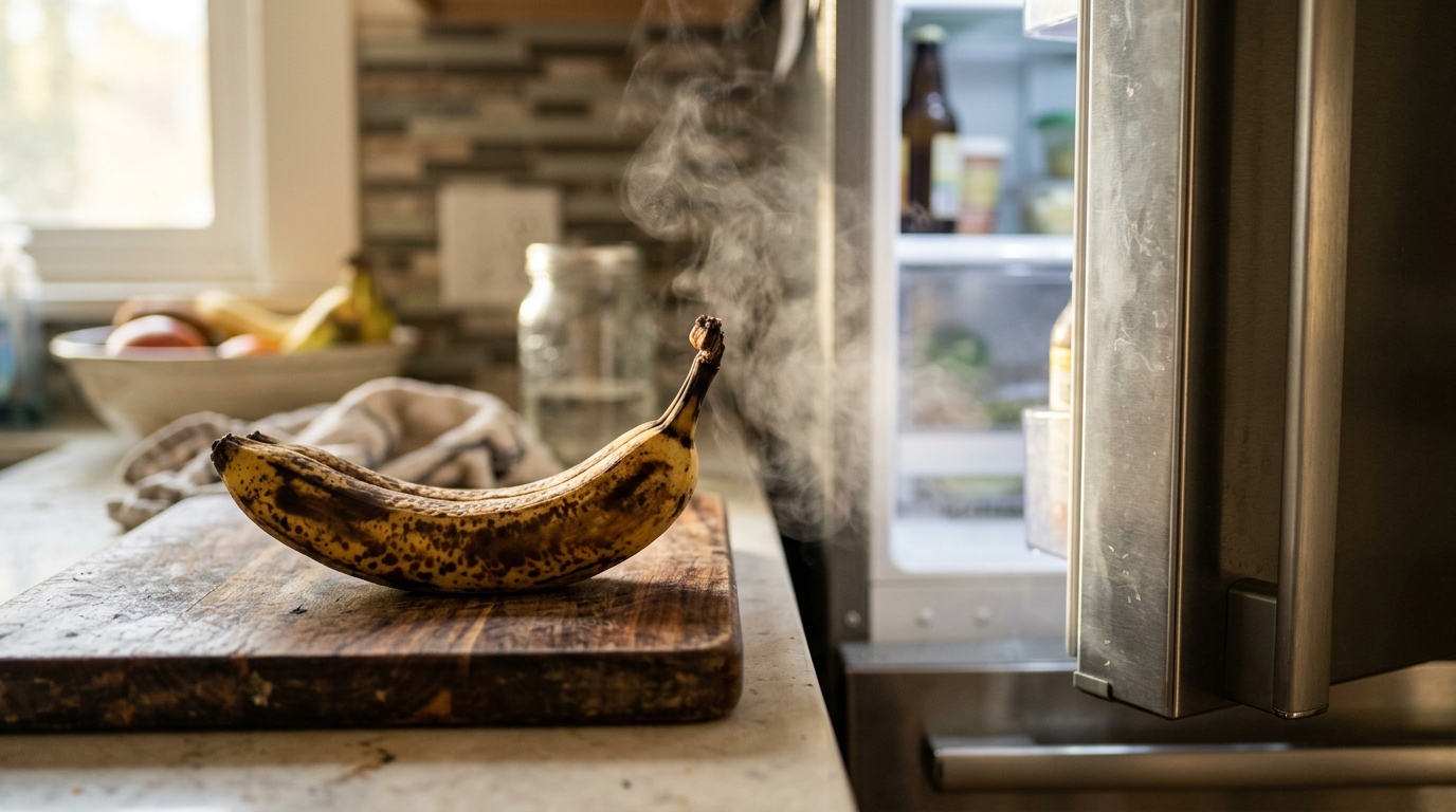 Peau de banane brunie près d'un réfrigérateur ouvert