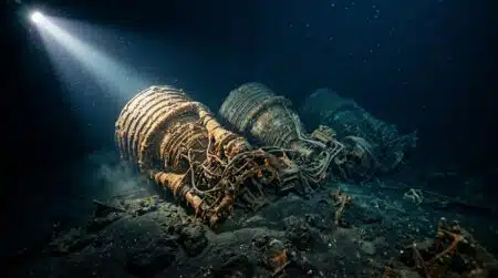 Moteur de fusée corrodé au fond de l'océan