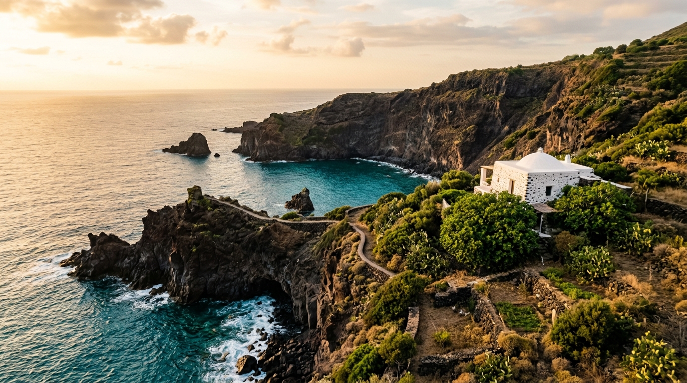 Maison en pierre volcanique face à la mer turquoise