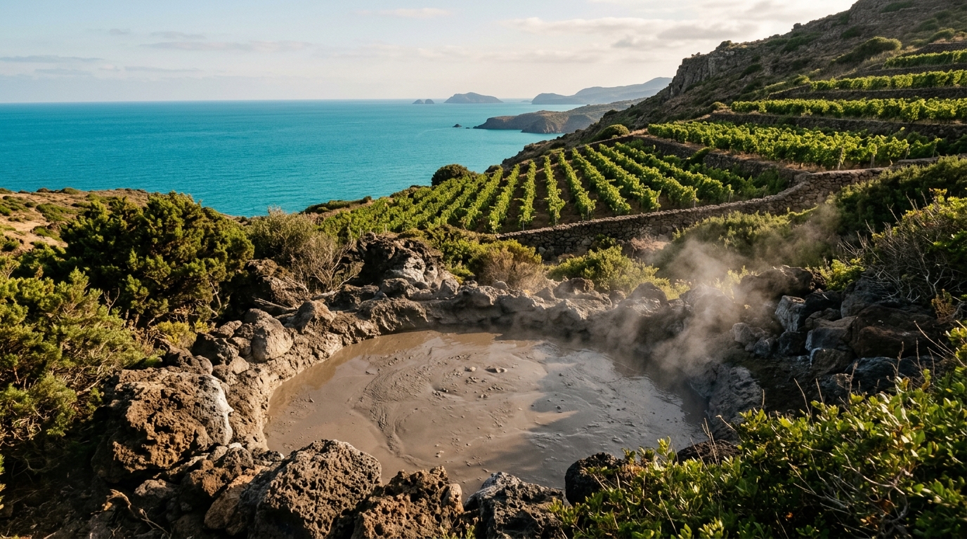 Bassin de boues thermales entouré de roches volcaniques