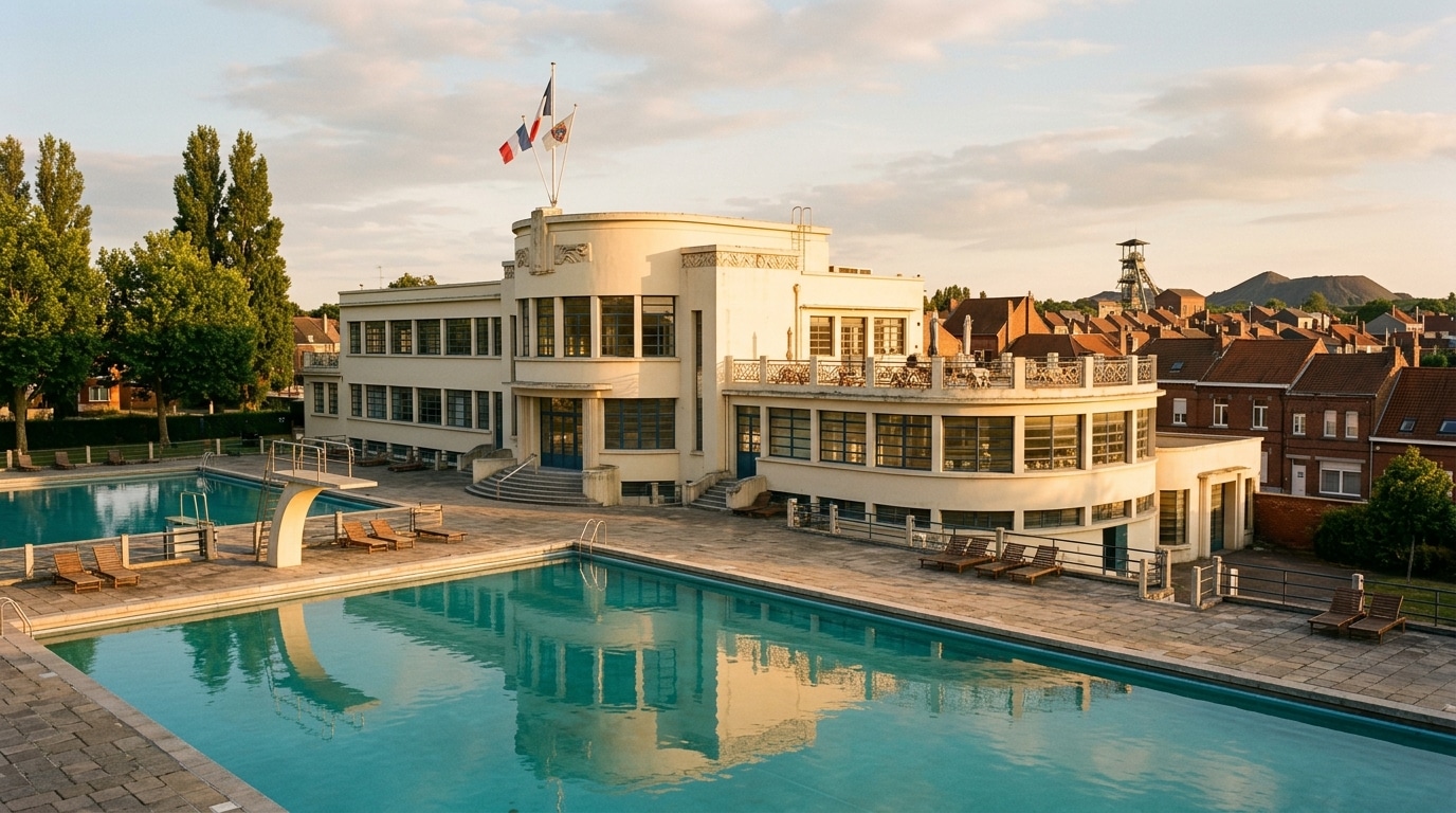 Façade art déco de la piscine Roger-Salengro au soleil