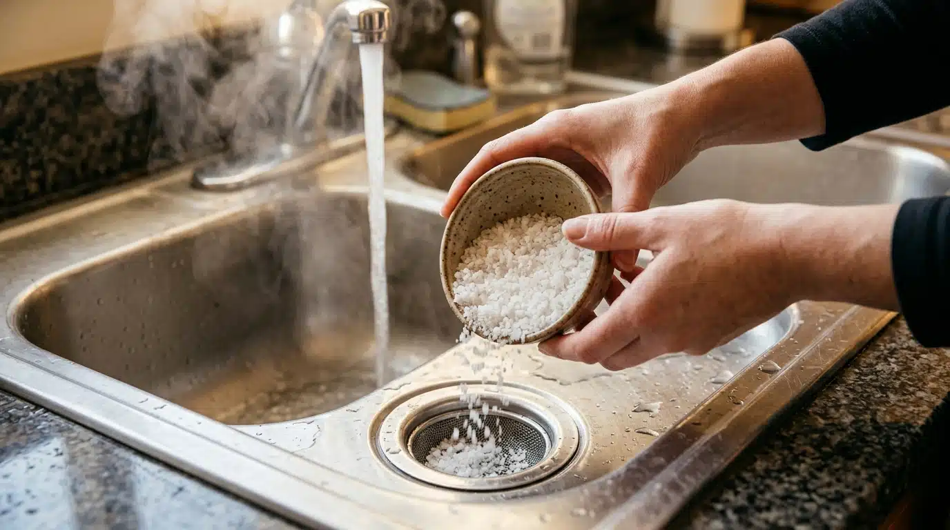 Mains versant du gros sel dans un siphon d'évier