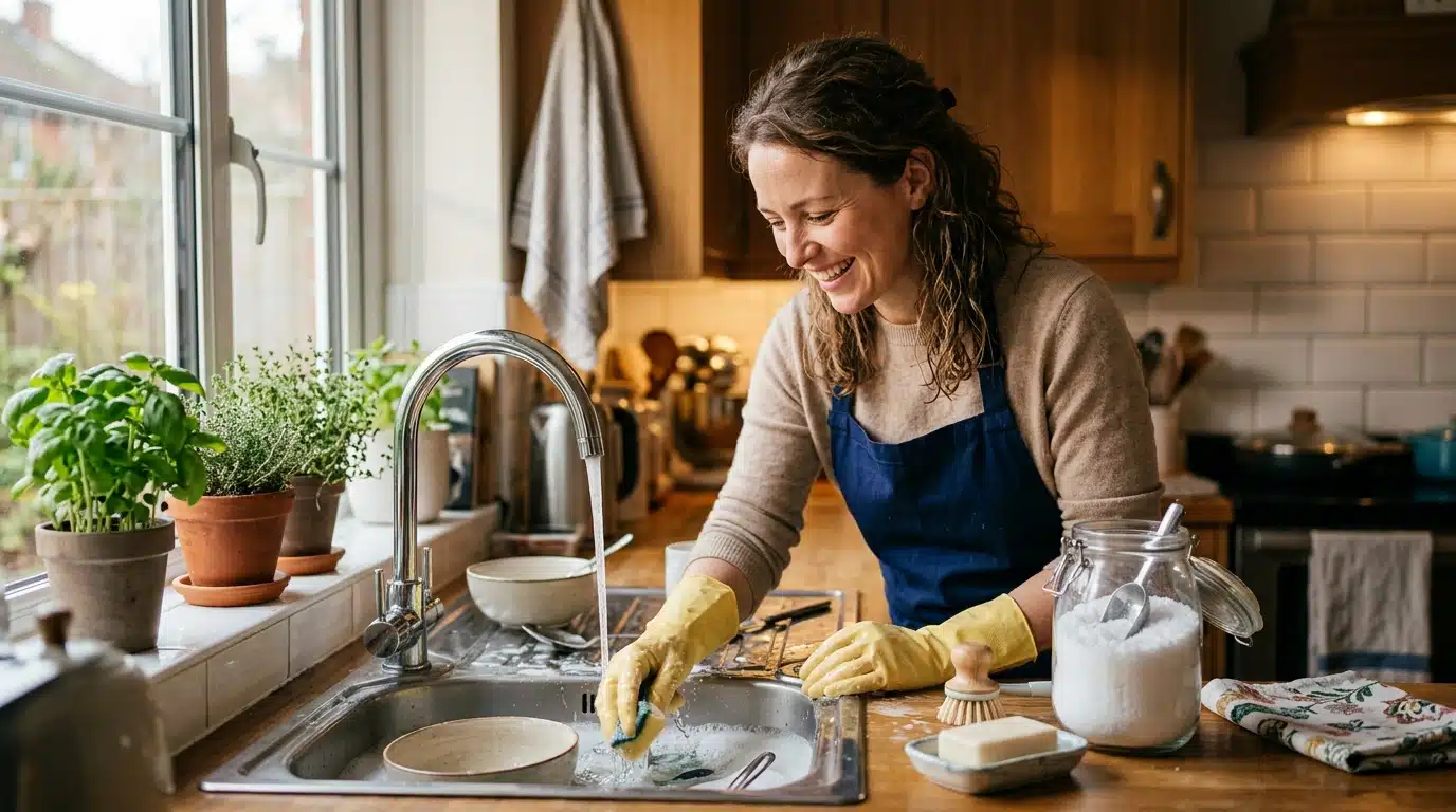 Personne satisfaite après avoir nettoyé son évier de cuisine