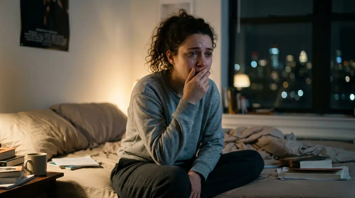 Adolescente assise seule dans un appartement sombre
