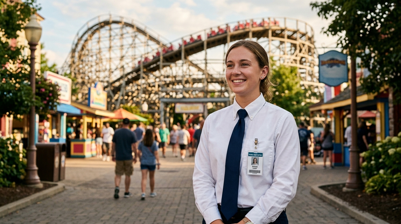 Jeune employée souriante en uniforme dans un parc d'attractions