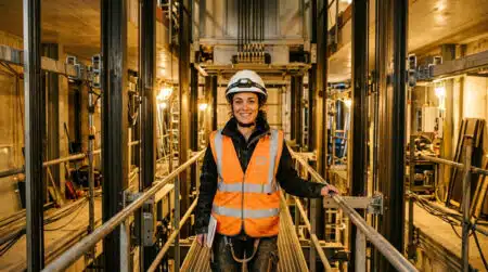Noémie, monteuse d'ascenseurs, casque sur la tête dans une cage d'ascenseur
