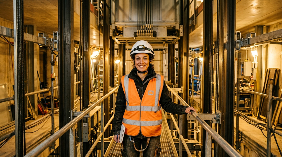 Noémie, monteuse d'ascenseurs, casque sur la tête dans une cage d'ascenseur