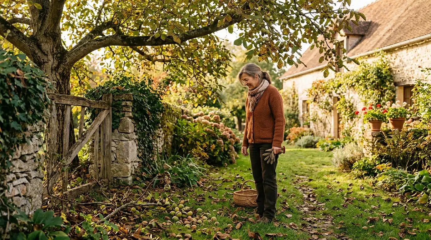 Femme observant des noix tombées sous une branche du voisin