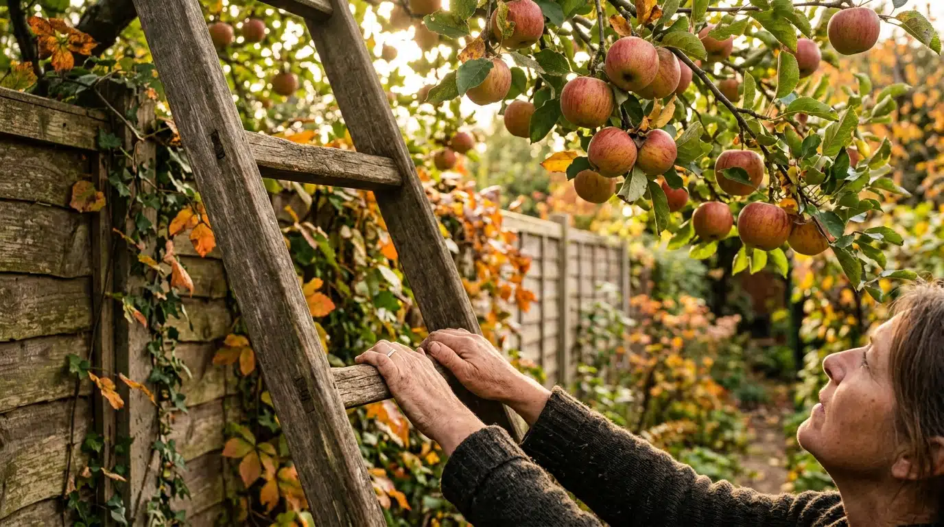 Main hésitant devant une échelle sous des pommes du voisin