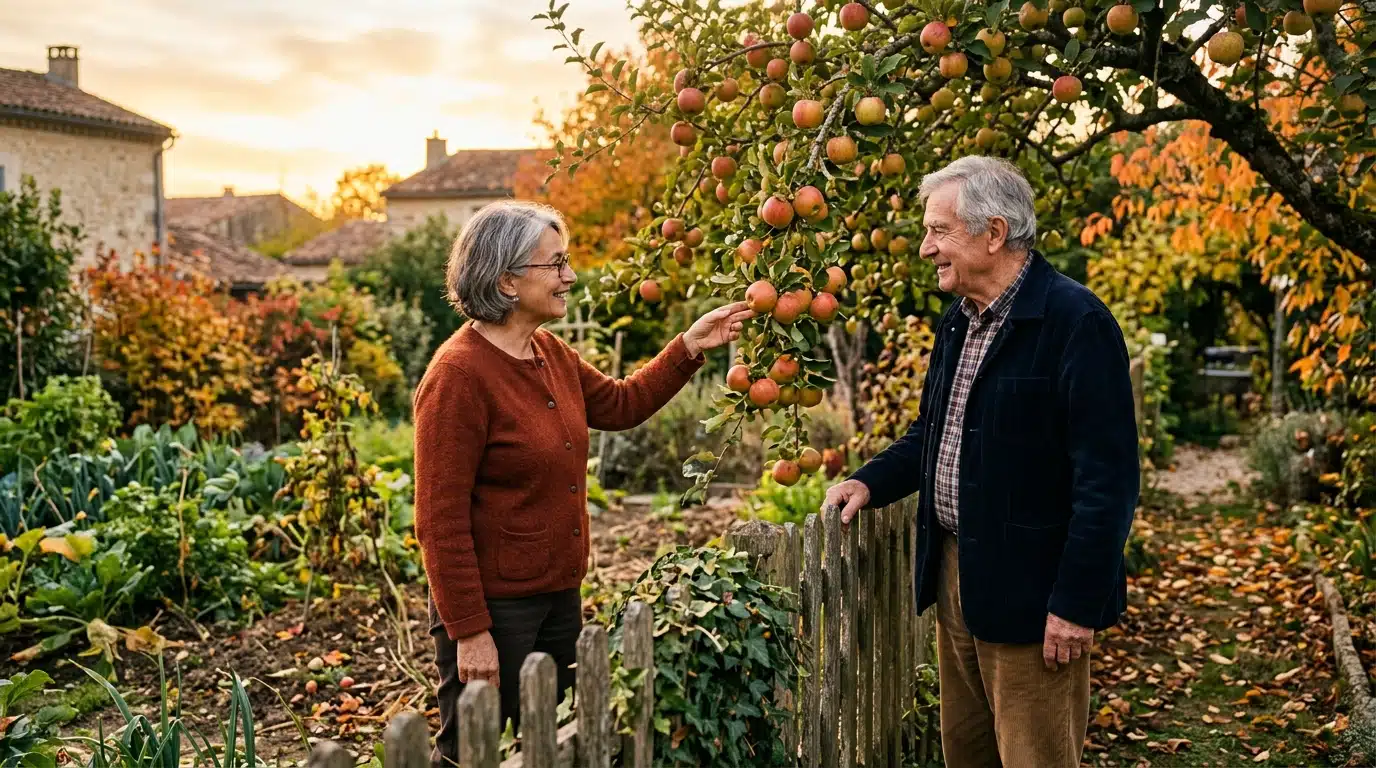 Deux voisins discutant devant un pommier en automne