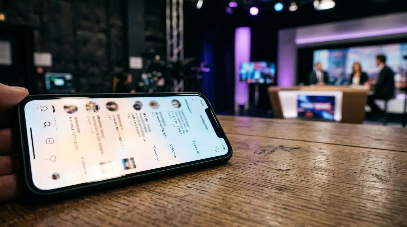 Smartphone lumineux posé sur bureau de studio télévisé