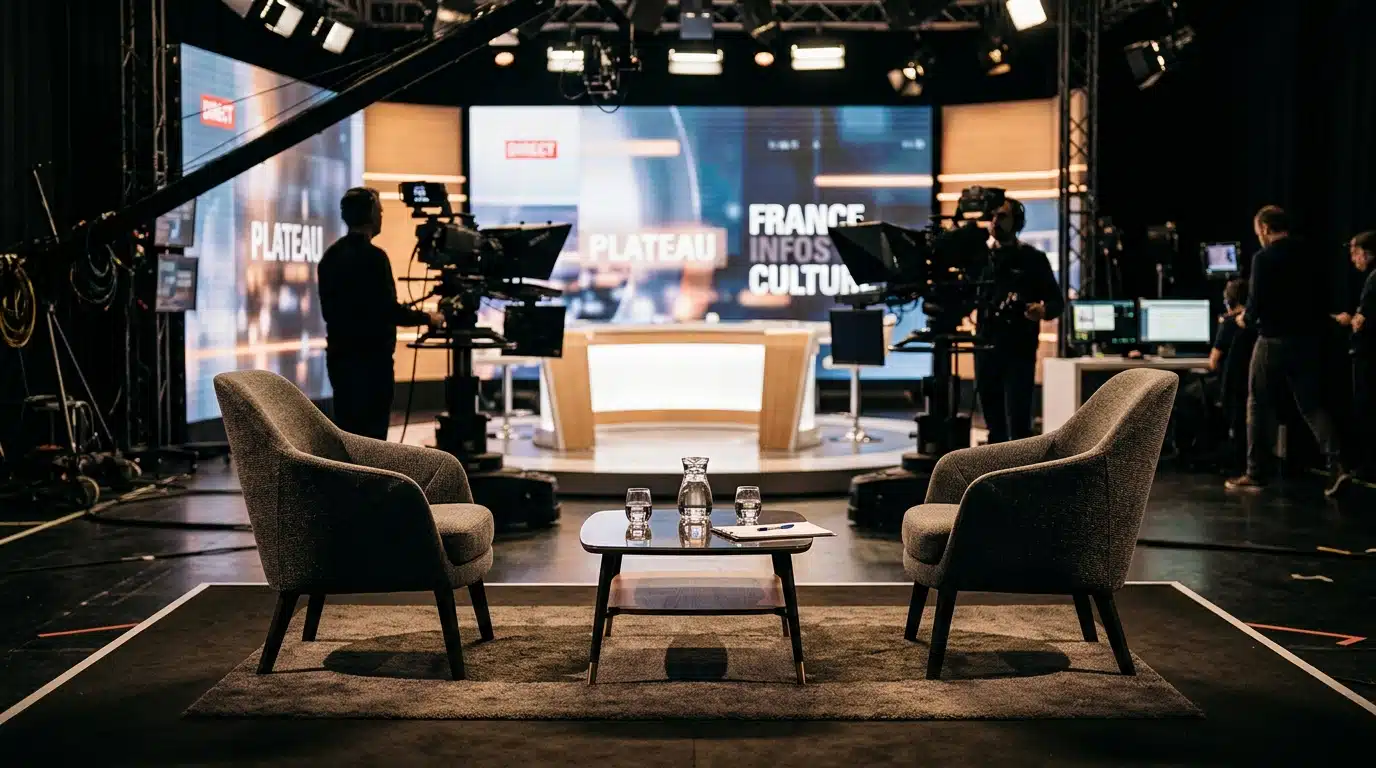 Plateau de télévision vide avec chaises face à face