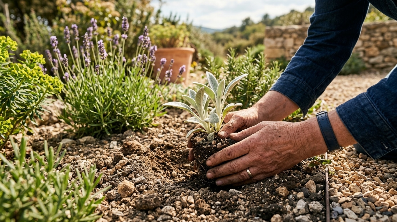 Mains plantant une jeune coquelourde en sol sec
