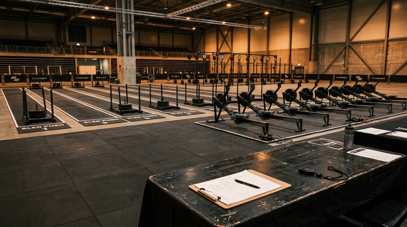 Arène de compétition Hyrox vide avec règlement sur table