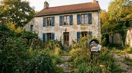 Maison familiale aux volets fermés et jardin envahi