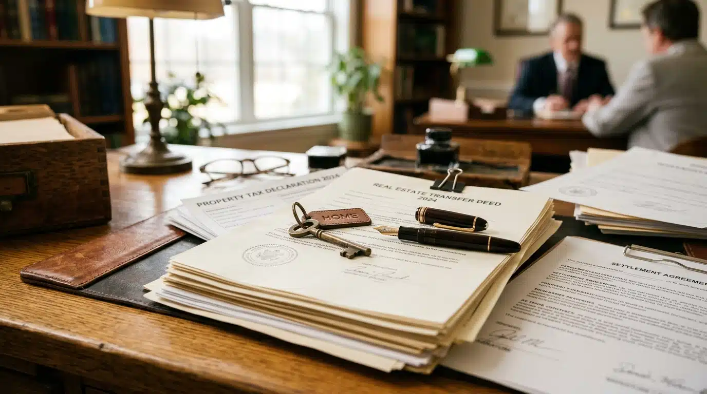 Documents notariés et clé sur un bureau