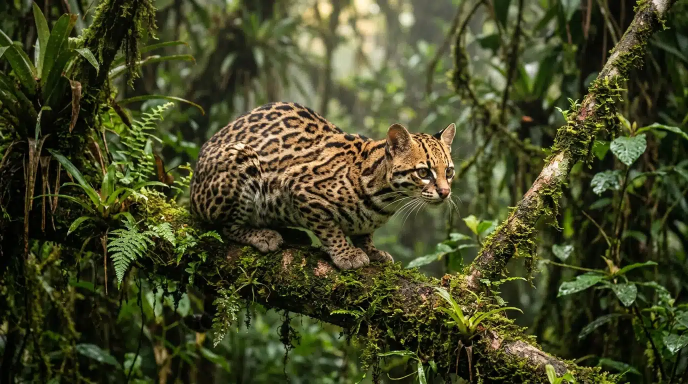 Petit félin sauvage tacheté dans la forêt bolivienne