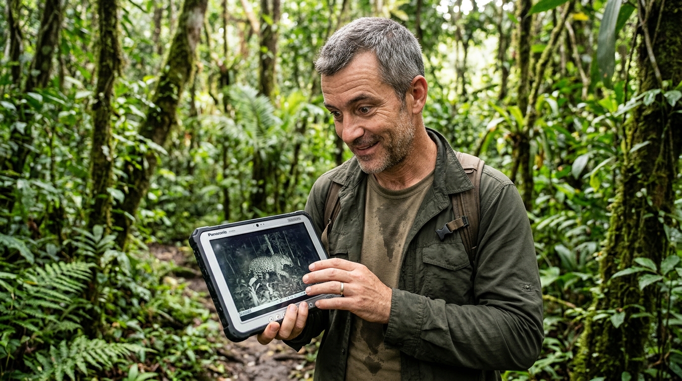 Chercheur émerveillé devant une photo de caméra piège