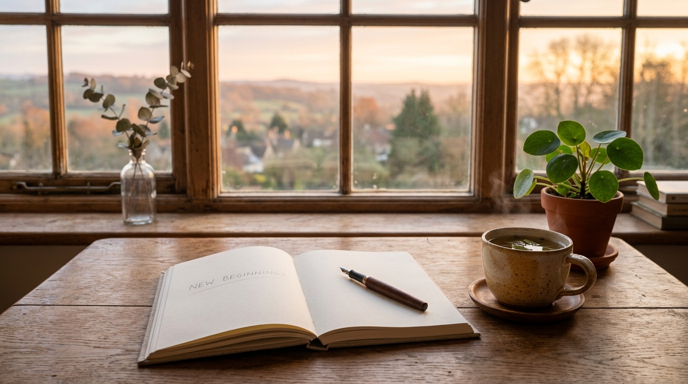 Carnet ouvert et plante verte sur bureau en bois