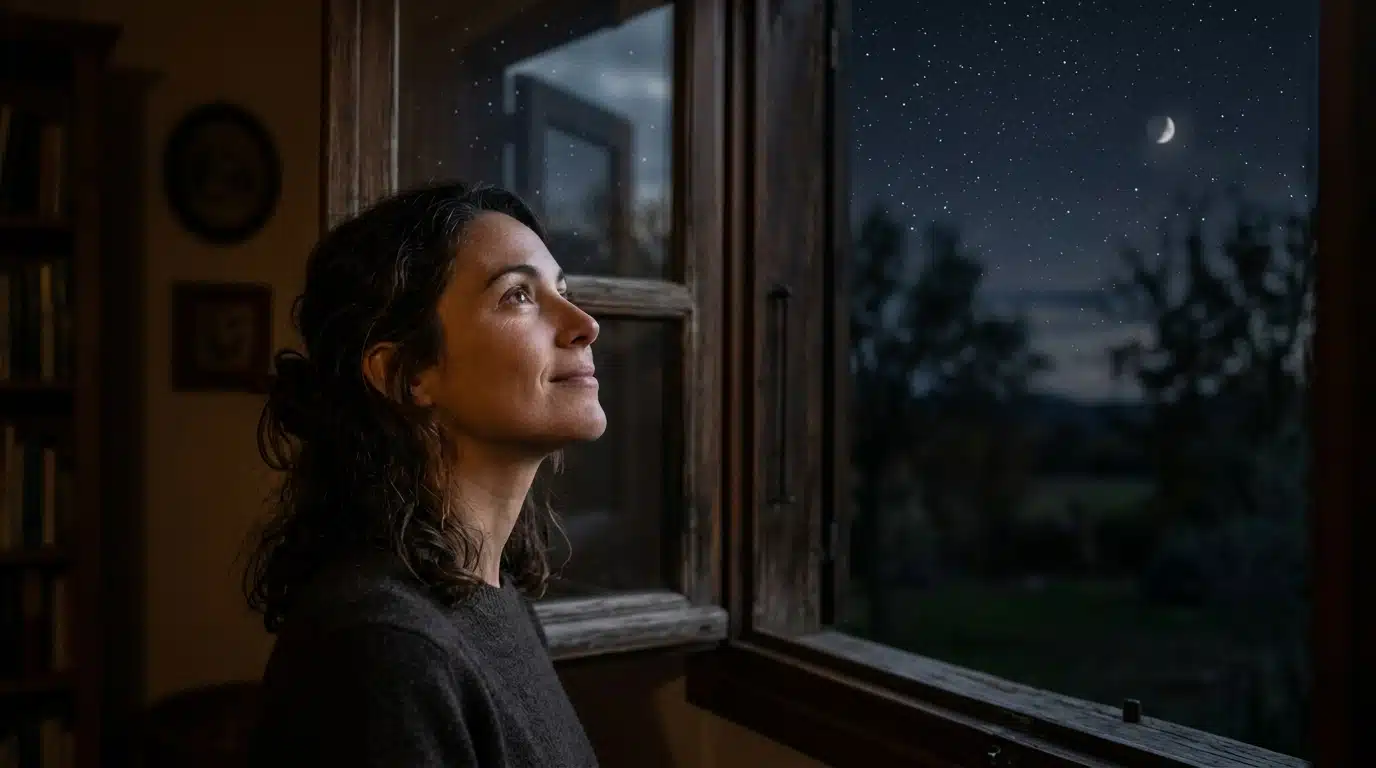 Femme regardant la lune par une fenêtre la nuit