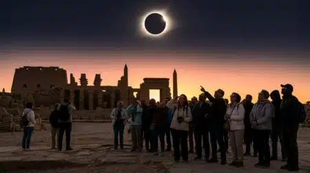 Foule observant une éclipse solaire totale avec des lunettes